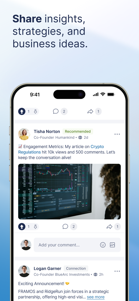 UCapital - UCapital app screen showing a professional social feed for sharing financial insights and business strategies.
