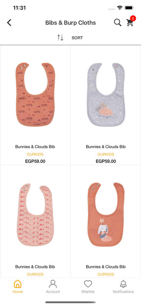 OurKids. - OurKids mobile app screen showing a collection of baby bibs and burp cloths for sale