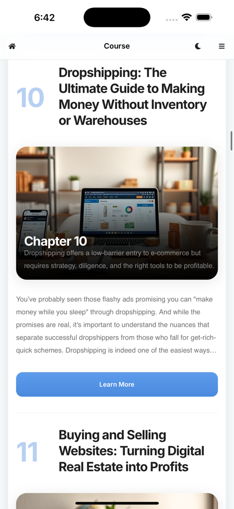 Pantalla de curso en la aplicación Gana Dinero Online Ahora con una guía sobre dropshipping y bienes raíces digitales.