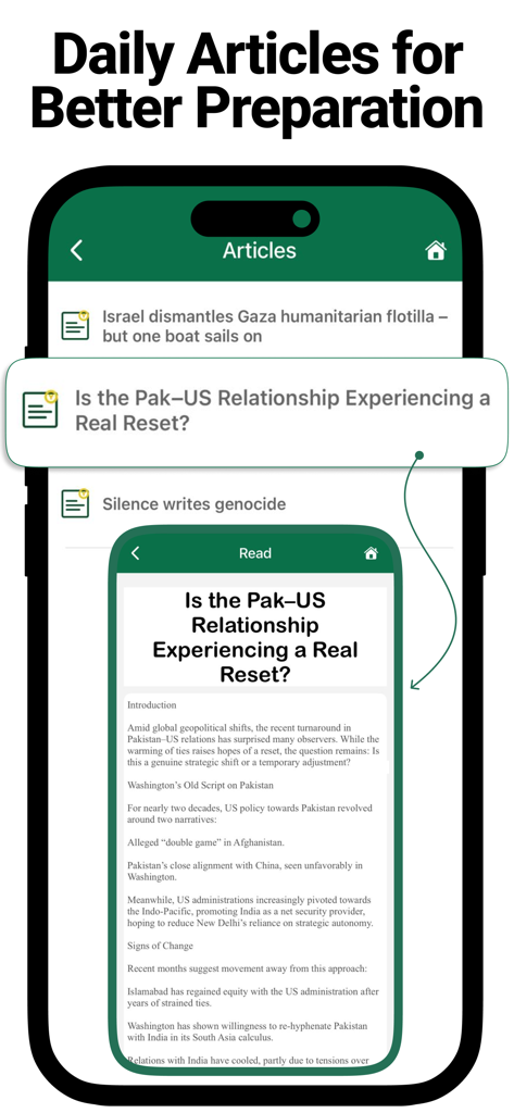 CSS Factory: Exam Preparation - Interface of the CSS Factory app showing a list of daily articles and a reading view for exam preparation