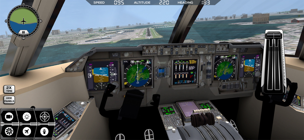 Innenansicht des Cockpits eines Flugzeugs, das in Flight Simulator FlyWings 2014 auf einem New Yorker Flughafen landet