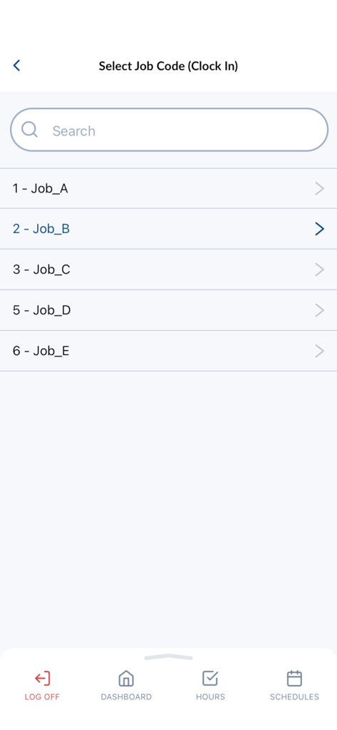 TCP MobileKiosk - TCP MobileKiosk app screen for selecting a job code to clock in.