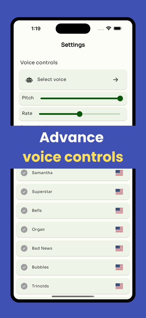 Text to Speech - TTS - Interfaz de una aplicación de texto a voz que muestra deslizadores para ajustes de tono y velocidad y una lista de voces disponibles.