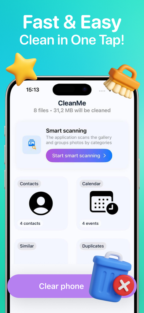 SnapCleaner – Photo & Storage - Interfaz de la aplicación móvil SnapCleaner que muestra escaneo inteligente y limpieza de teléfono con un solo toque