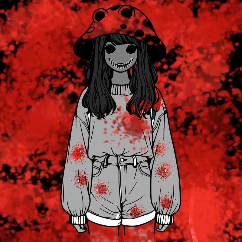 a realistic girl with a frog hat and baggy mushroom shirt