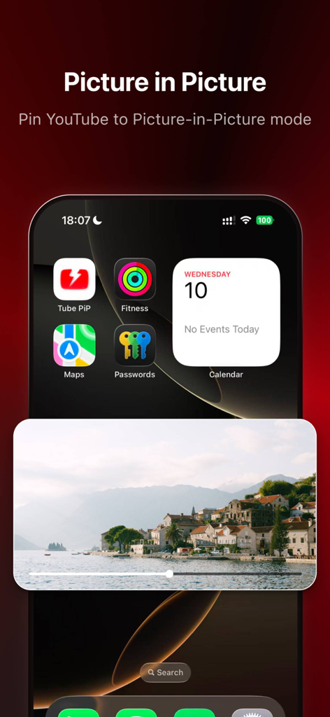 Tube PiP: PiP for Youtube - iPhoneのホーム画面に、フローティング動画ウィンドウを備えたTube PiPのピクチャー・イン・ピクチャー・モードを表示