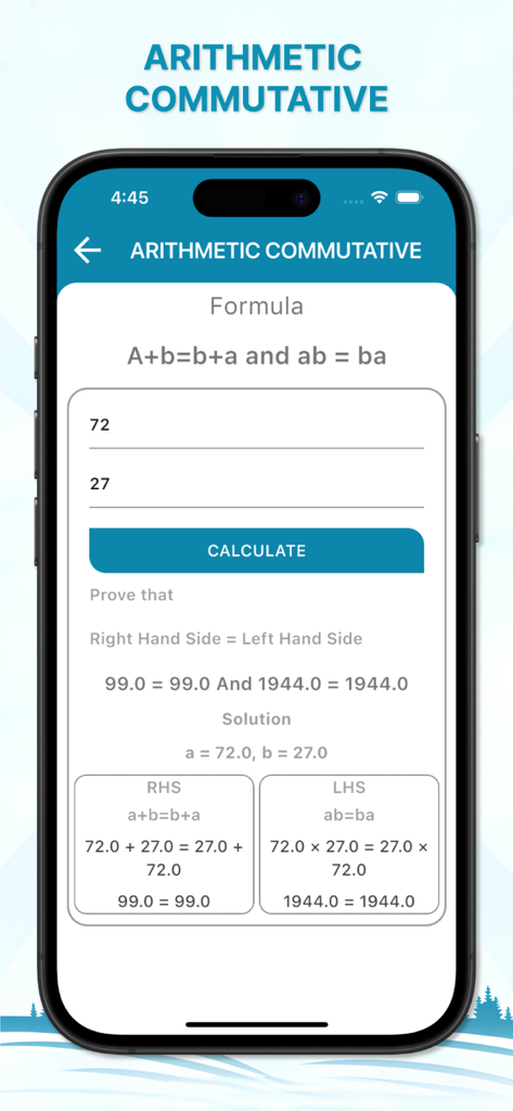 Interface do aplicativo Calculadora de Topografia mostrando o solucionador de propriedade comutativa aritmética com fórmulas algébricas e cálculo de prova