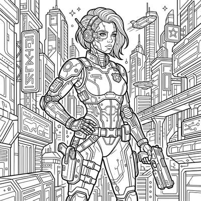 Step into a thrilling future with this intricate coloring page featuring a cybernetic law enforcement officer patrolling a bustling cyberpunk metropolis. This dynamic illustration offers endless opportunities to bring a world of advanced technology and vigilant heroes to life with your favorite colors.