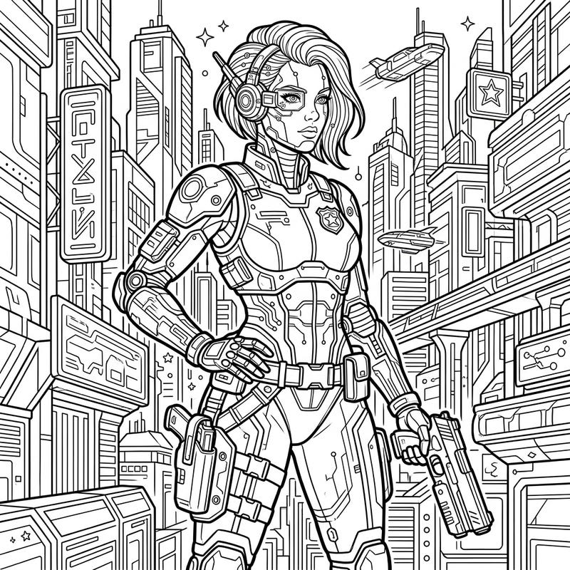 Step into a thrilling future with this intricate coloring page featuring a cybernetic law enforcement officer patrolling a bustling cyberpunk metropolis. This dynamic illustration offers endless opportunities to bring a world of advanced technology and vigilant heroes to life with your favorite colors.