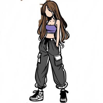 girl in baggy pants crop top and long hair