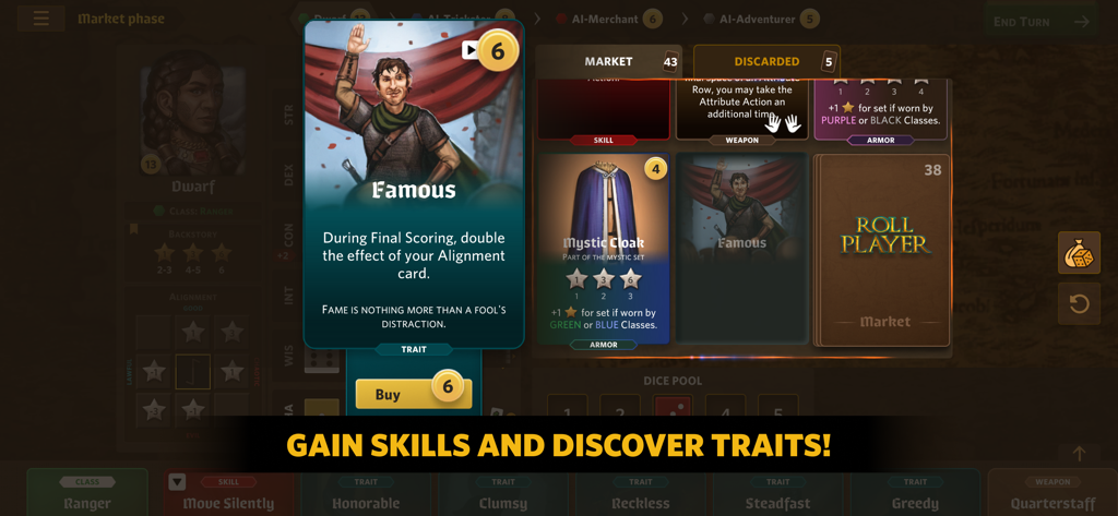 Roll Player - The Board Game - Market phase in Roll Player board game app showing character traits and armor cards