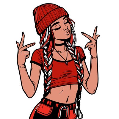 realistic teenage girl with braids and a beanie and crop top doing 🫶🏼
