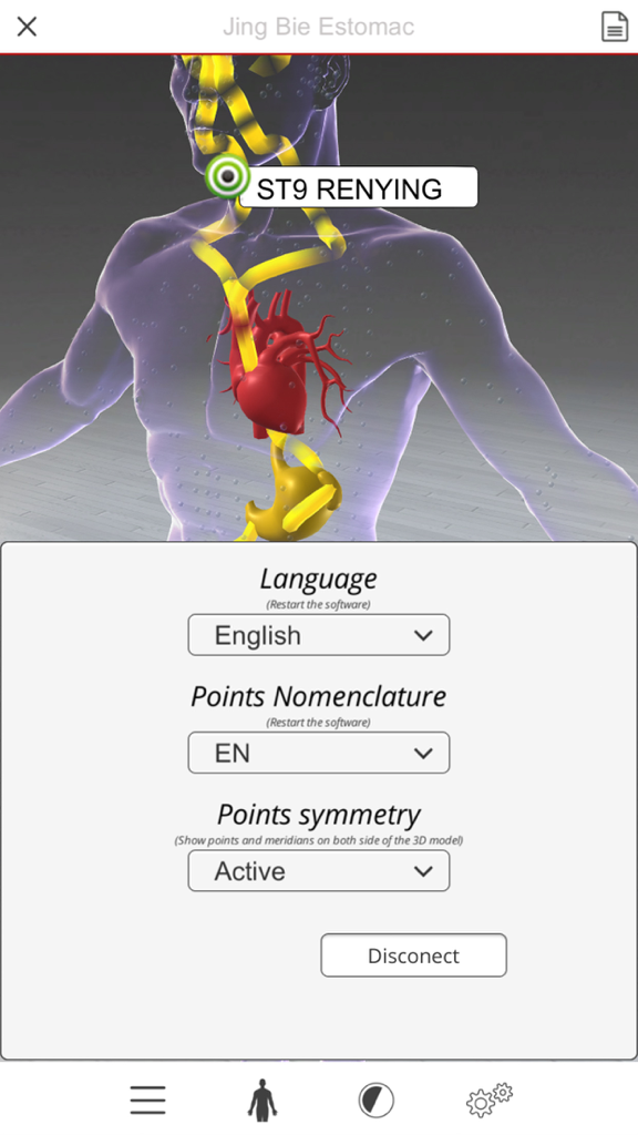 Interfaccia dell'app Acupuncture3D che mostra le impostazioni per lingua e nomenclatura accanto a un modello anatomico 3D di meridiani e il punto ST9.