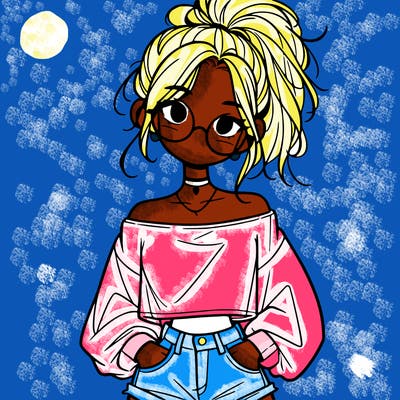 girl with a messy ponytail glasses a baggy crop top and jean shorts