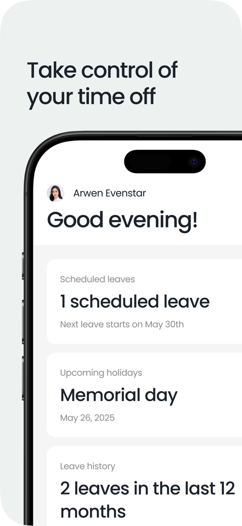 Overview of the Vacation Tracker app home screen showing pto balance and upcoming holidays