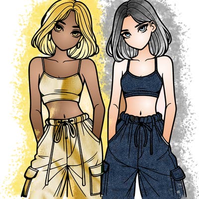 two girls with crop top with baggy pants