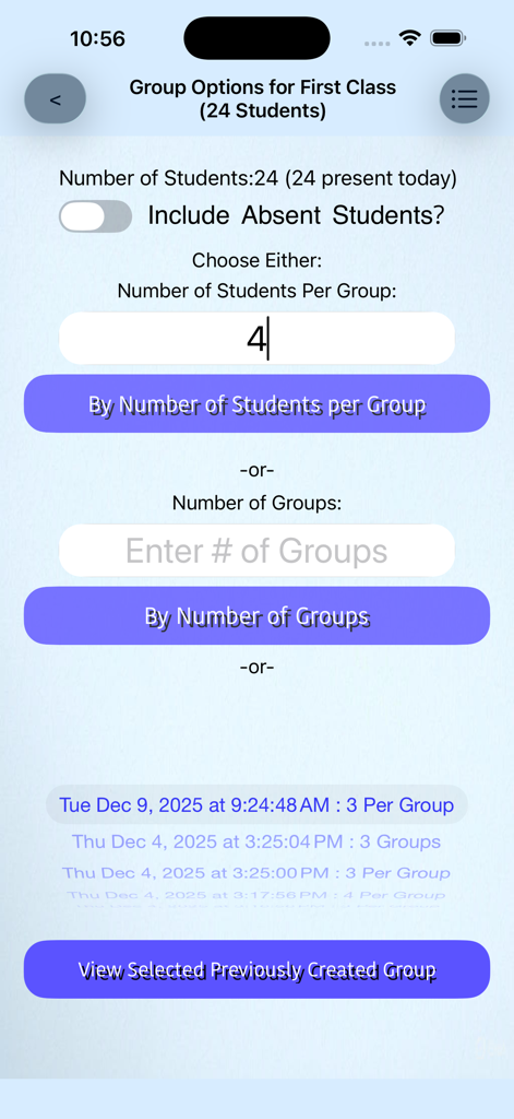 Random group generator screen in the SC Class Assistant Pro teacher utility app showing options to organize students into groups.