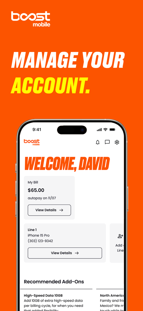 Panel de la aplicación Boost Mobile que muestra detalles de facturación y gestión de líneas.
