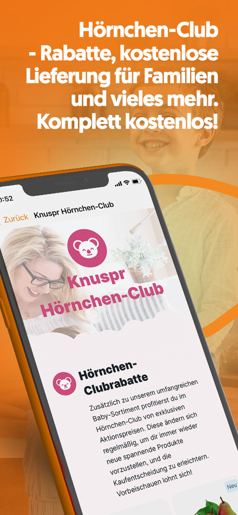 Knuspr.de - Tela promocional para o Clube Hörnchen do Knuspr mostrando descontos familiares e benefícios de entrega gratuita