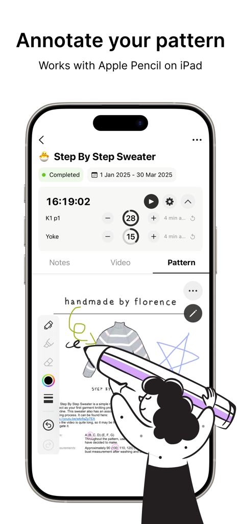 Knitflow — Knitting & Crochet - Pantalla de la aplicación Knitflow que muestra un patrón de tejido digital siendo anotado con herramientas de dibujo