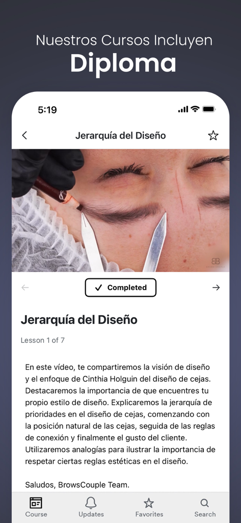 Brows Couple - Brows Couple app interface showing an eyebrow design lesson and mention of a diploma.