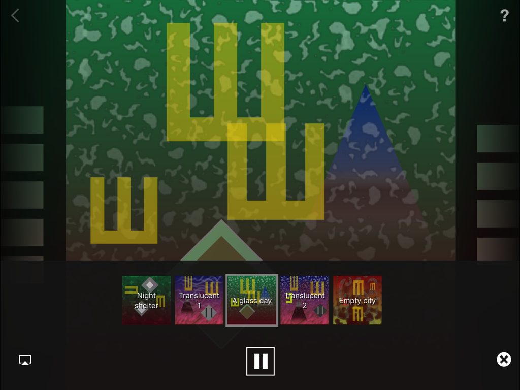 Scape - Scapeアプリのインターフェース、抽象的な形とジェネレーティブミュージックテーマのメニューが表示されています