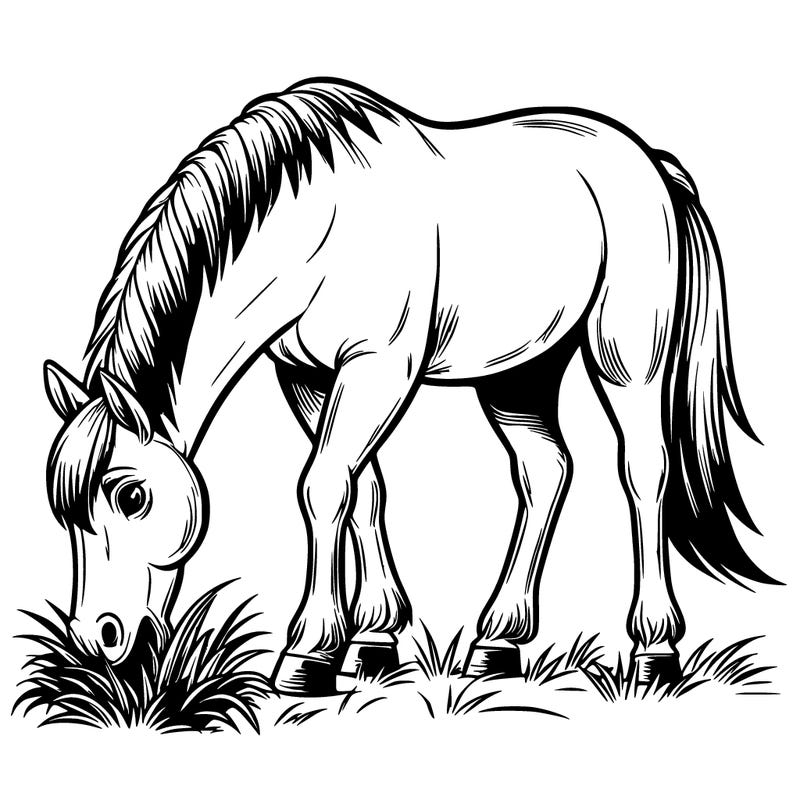 realistic horse eating grass