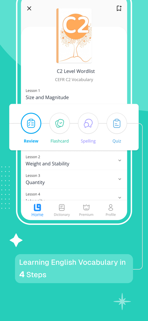 LanGeek |  Learn English - LanGeek app screen displaying CEFR C2 level vocabulary wordlist and a four-step learning process including review flashcards spelling and quiz