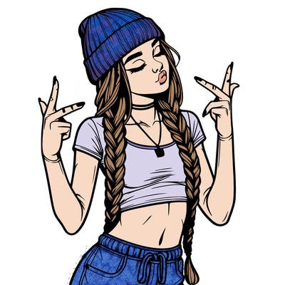 realistic teenage girl with braids and a beanie and crop top doing 🫶🏼