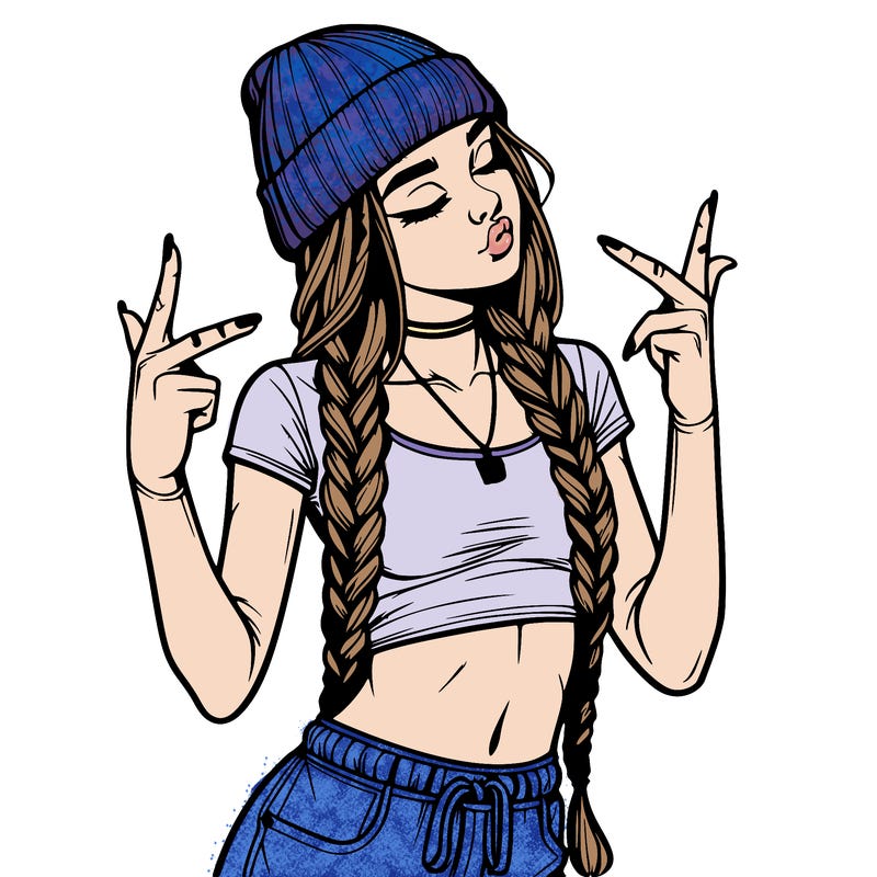 realistic teenage girl with braids and a beanie and crop top doing 🫶🏼