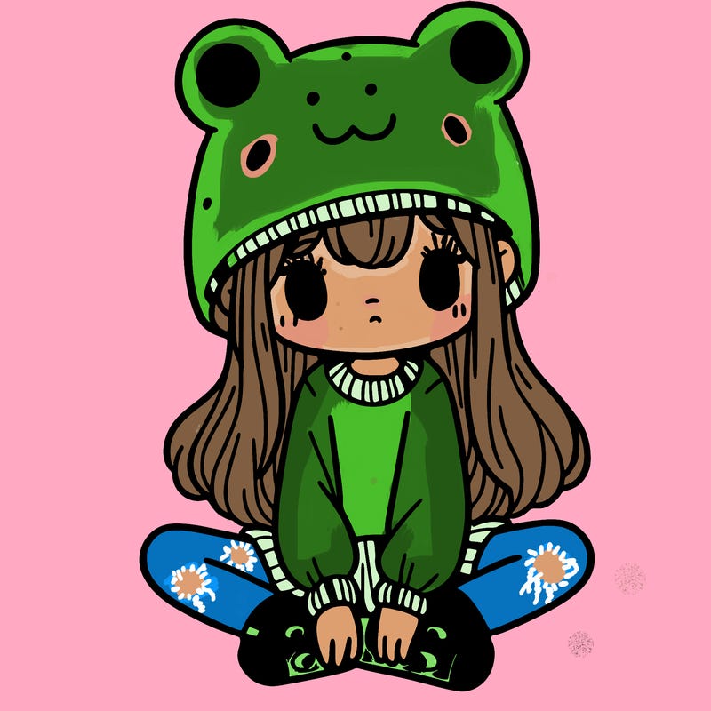 a girl wearing a frog hat and some frog socks