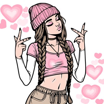 realistic teenage girl with braids and a beanie and crop top doing 🫶🏼