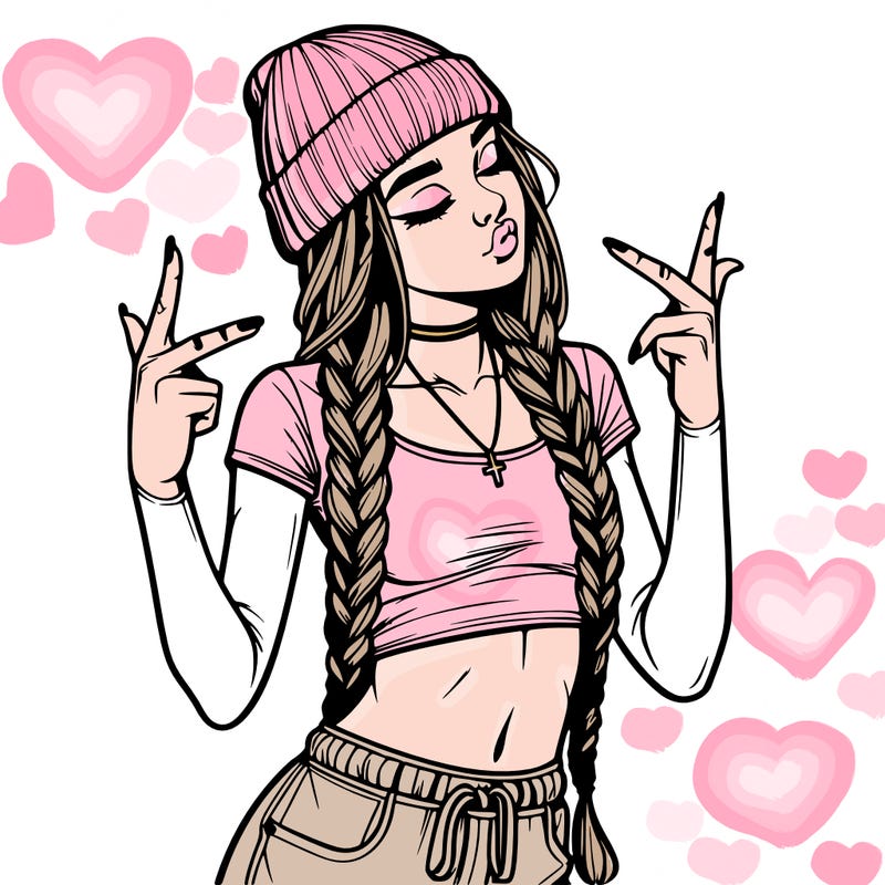 realistic teenage girl with braids and a beanie and crop top doing 🫶🏼