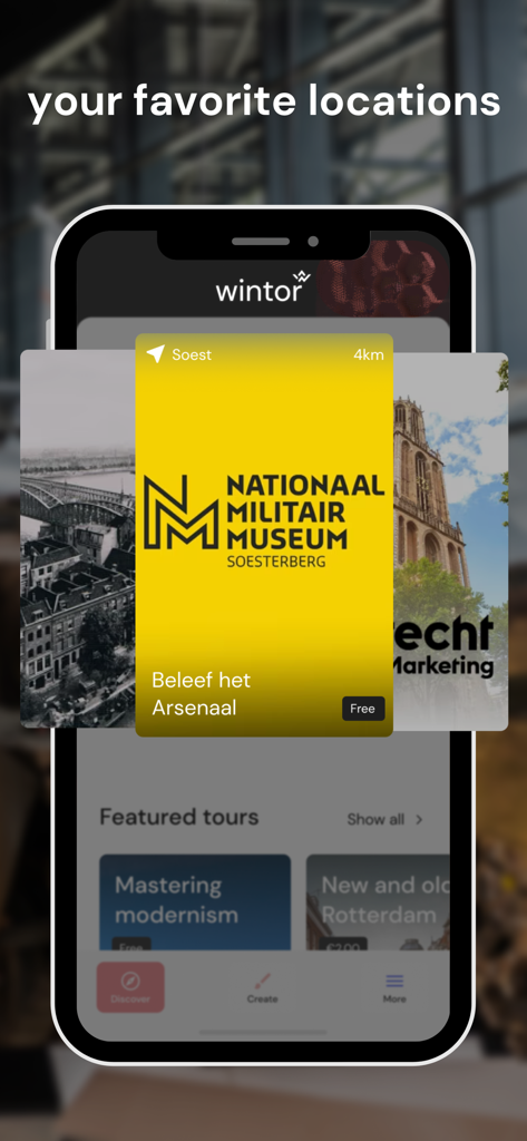 Interface of the Wintor AR Tours app showing a featured tour for the Nationaal Militair Museum