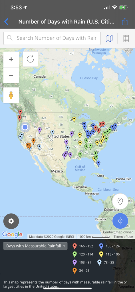 BatchGeo mobile app displaying a map of the United States with color coded data pins.