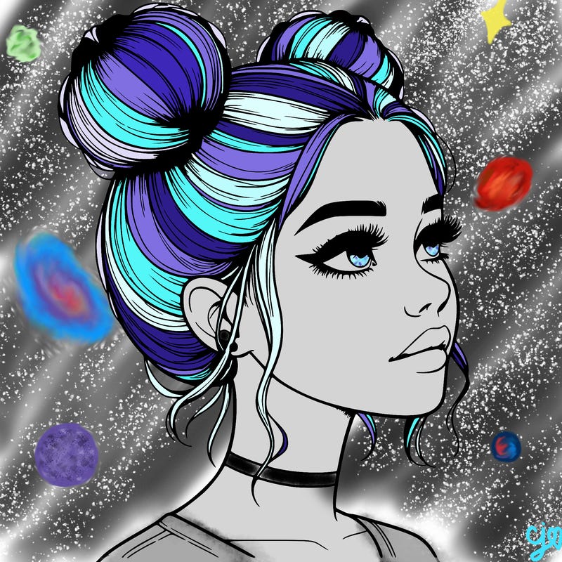 realistic girl with buns on the top of her head