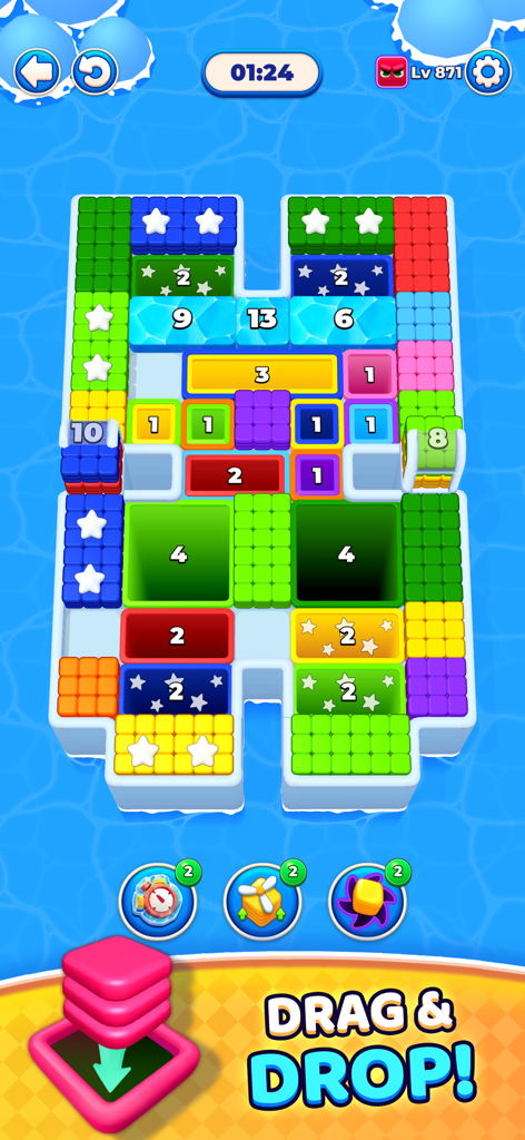 Hole Drop Puzzle - Gameplay screen of Hole Drop Puzzle showing colorful numbered blocks and a sliding hole mechanic