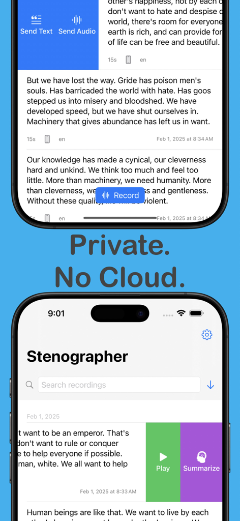 Stenographer - Die Benutzeroberfläche der Stenograf-App, die On-Device-Audio-Transkription und KI-Zusammenfassungsfunktionen anzeigt, mit Schwerpunkt auf Privatsphäre und lokaler Verarbeitung.