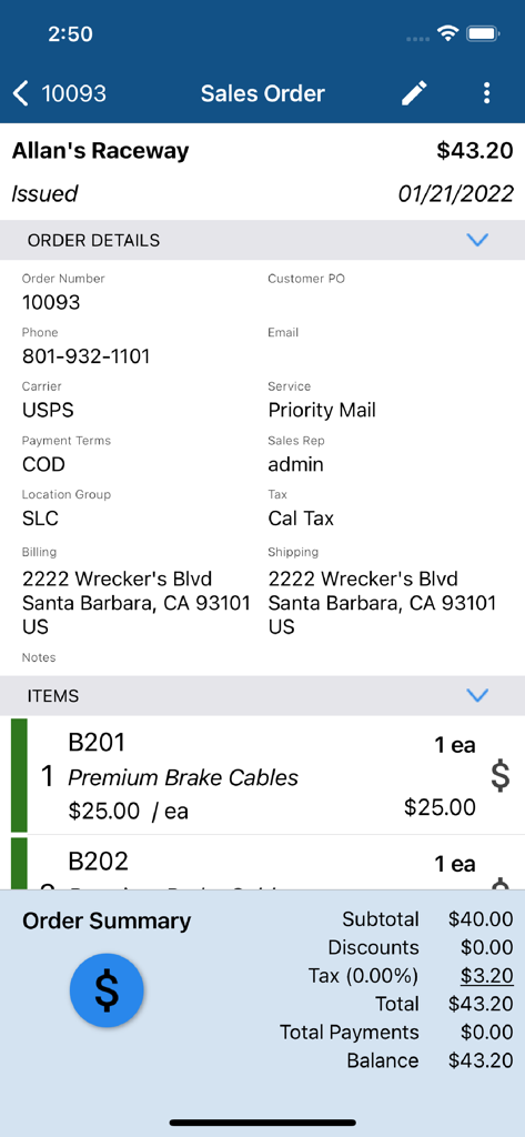 Fishbowl Advanced mobile app interface showing sales order details and summary for business inventory management.