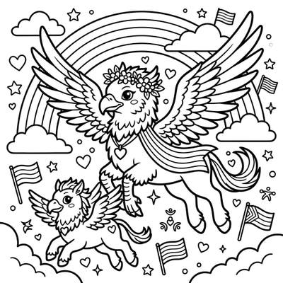 Join two magnificent hippogriffs as they fly high, celebrating love and community under a beautiful rainbow. This delightful coloring page is perfect for kids to express their creativity during Pride Month.