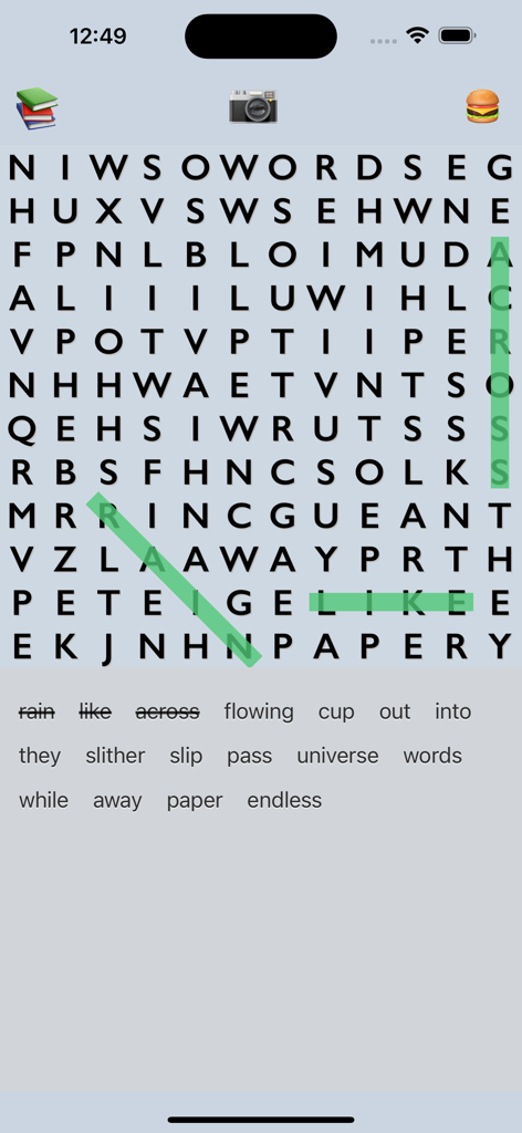 Find the words - A word search puzzle grid with highlighted words and a list of words to find below