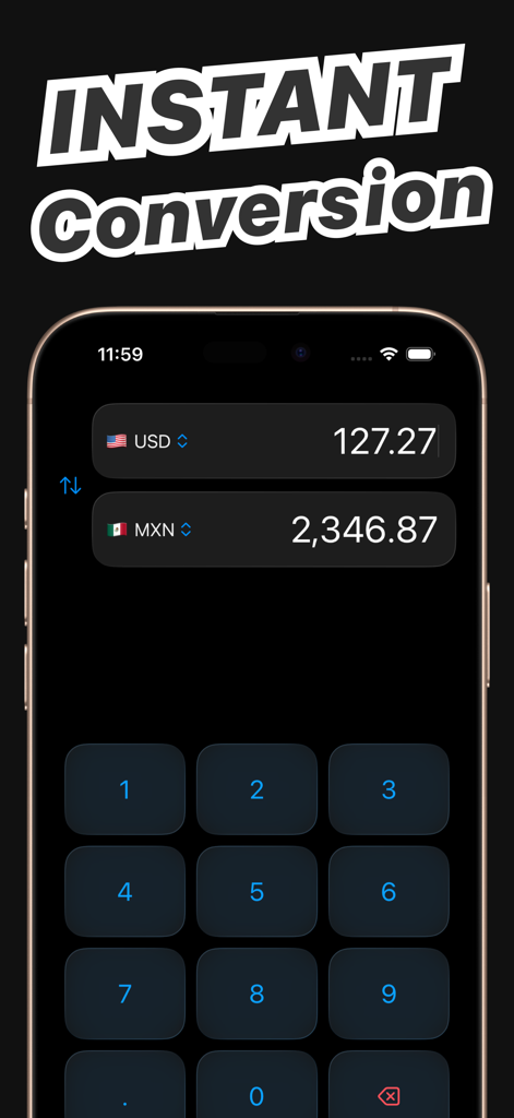 Pesos to Dollars - Conversion - Mobile app interface for instant currency conversion between US Dollars and Mexican Pesos