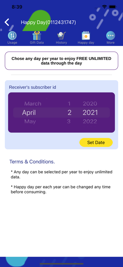 MySLT - MySLT app screen for selecting a Happy Day to get free unlimited data