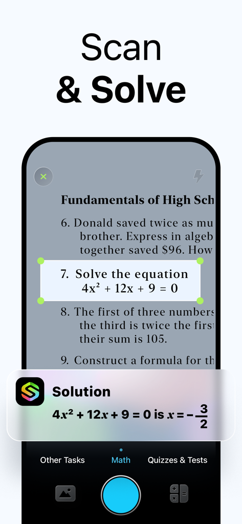 Solvo: AI Homework Helper - Un smartphone usando la aplicación Solvo para escanear una ecuación matemática y proporcionar una solución instantánea.