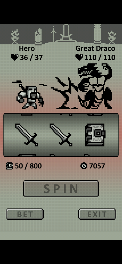 Retro pixel art battle screen showing a hero fighting a dragon using a slot machine mechanic