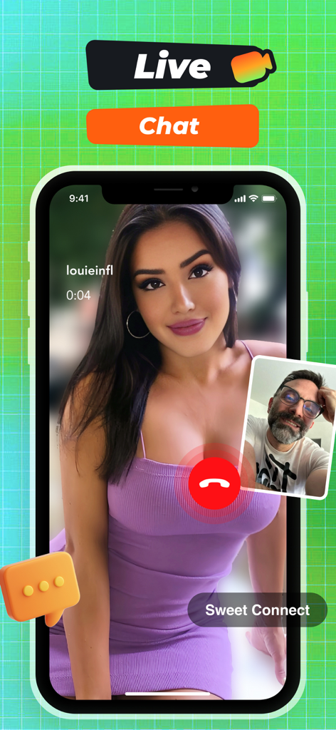 A smartphone screen showing a live video chat between a woman and a man on the Fiber app.