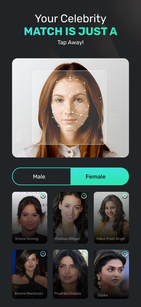 Celebrity Face Alike Rater - A woman's face being scanned by AI facial recognition technology to find her celebrity look alike on a mobile app