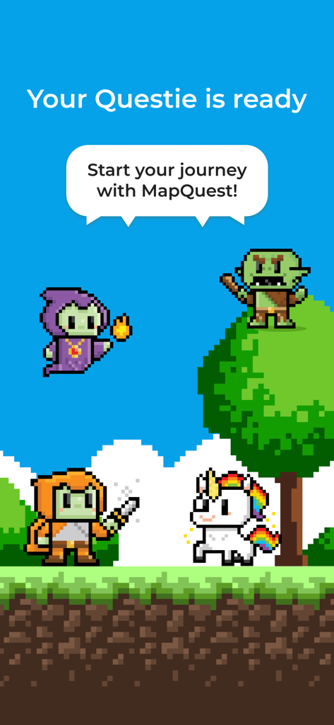 ピクセルアートのファンタジーキャラクター（魔法使い、騎士、ユニコーンなど）と、「あなたのQuestieはMapQuestの準備ができています」というテキスト。