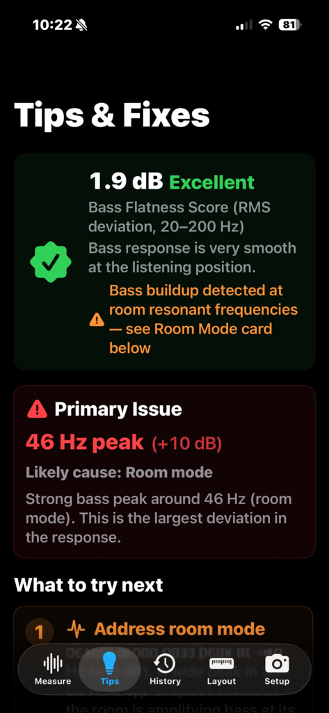 HiFi Setup: Bass & Speakers - Oberfläche zeigt Bass-Flachheitsbewertung und Raumnodenanalyse mit vorgeschlagenen Korrekturen.