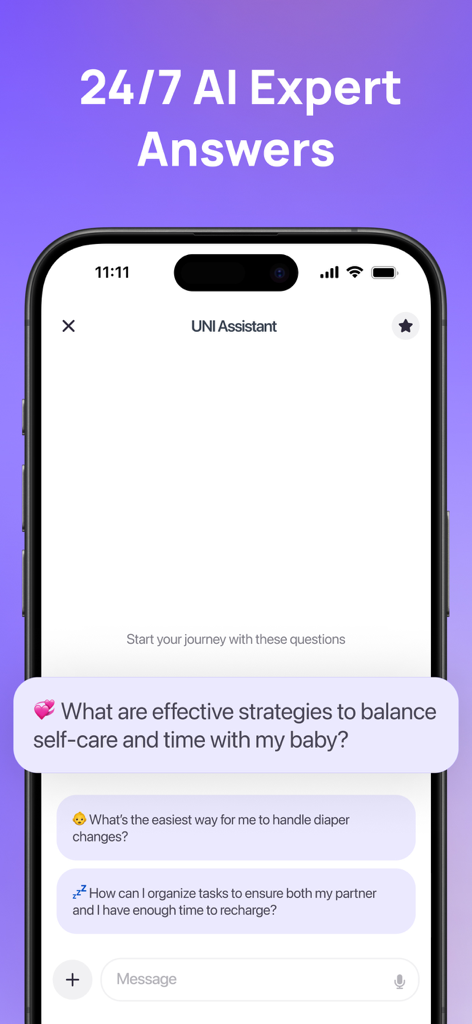 Uni - Pregnancy + Baby Growth - Uni app AI Assistant chat interface showing expert answers and parenting questions for moms and dads.